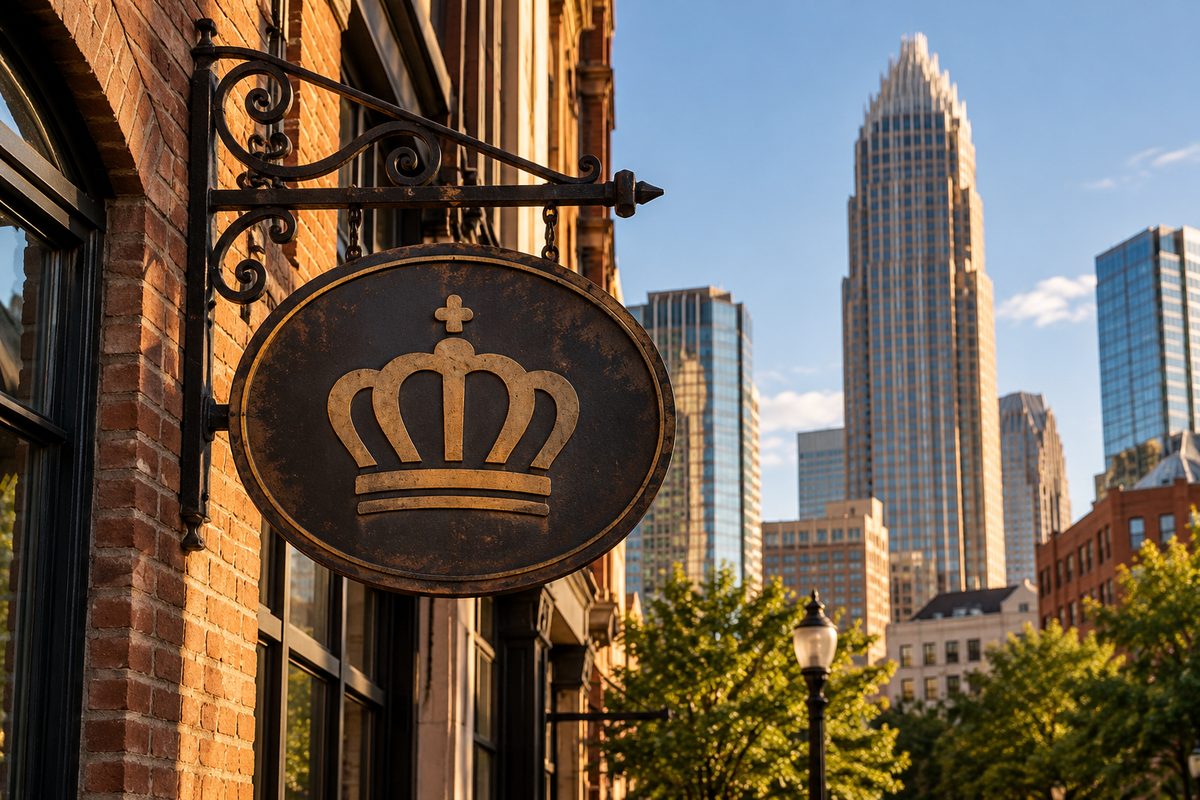 Architectural masonry detail and street sign on North Tryon Street in Charlotte