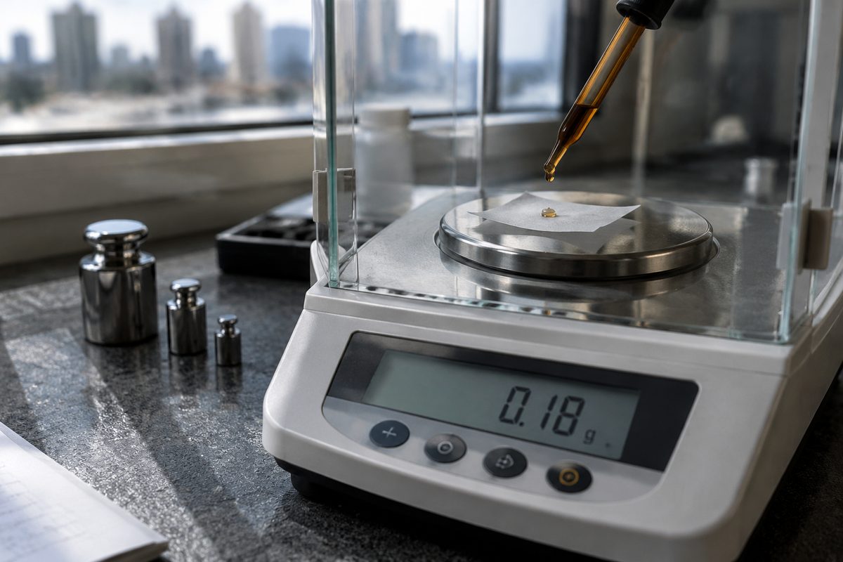 Precision digital scale measuring cosmetic lacquer droplet weight in a laboratory