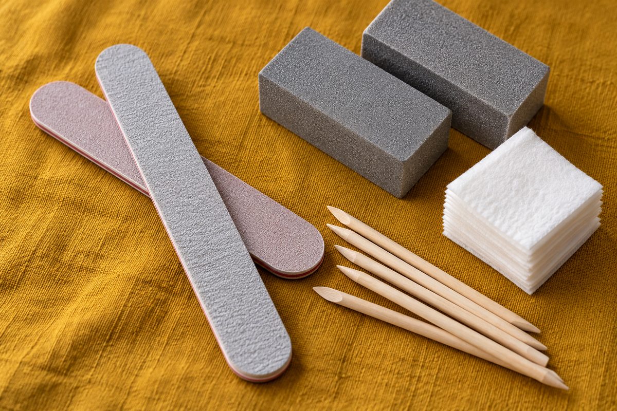Carefully arranged manicure consumables including emery boards, buffs, and wipes
