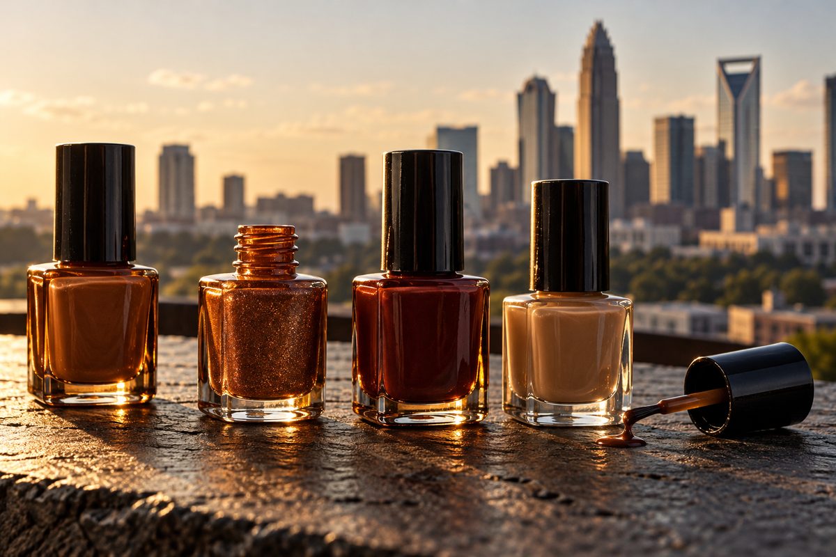 Row of glass cosmetic bottles and caps aligned on a slate counter