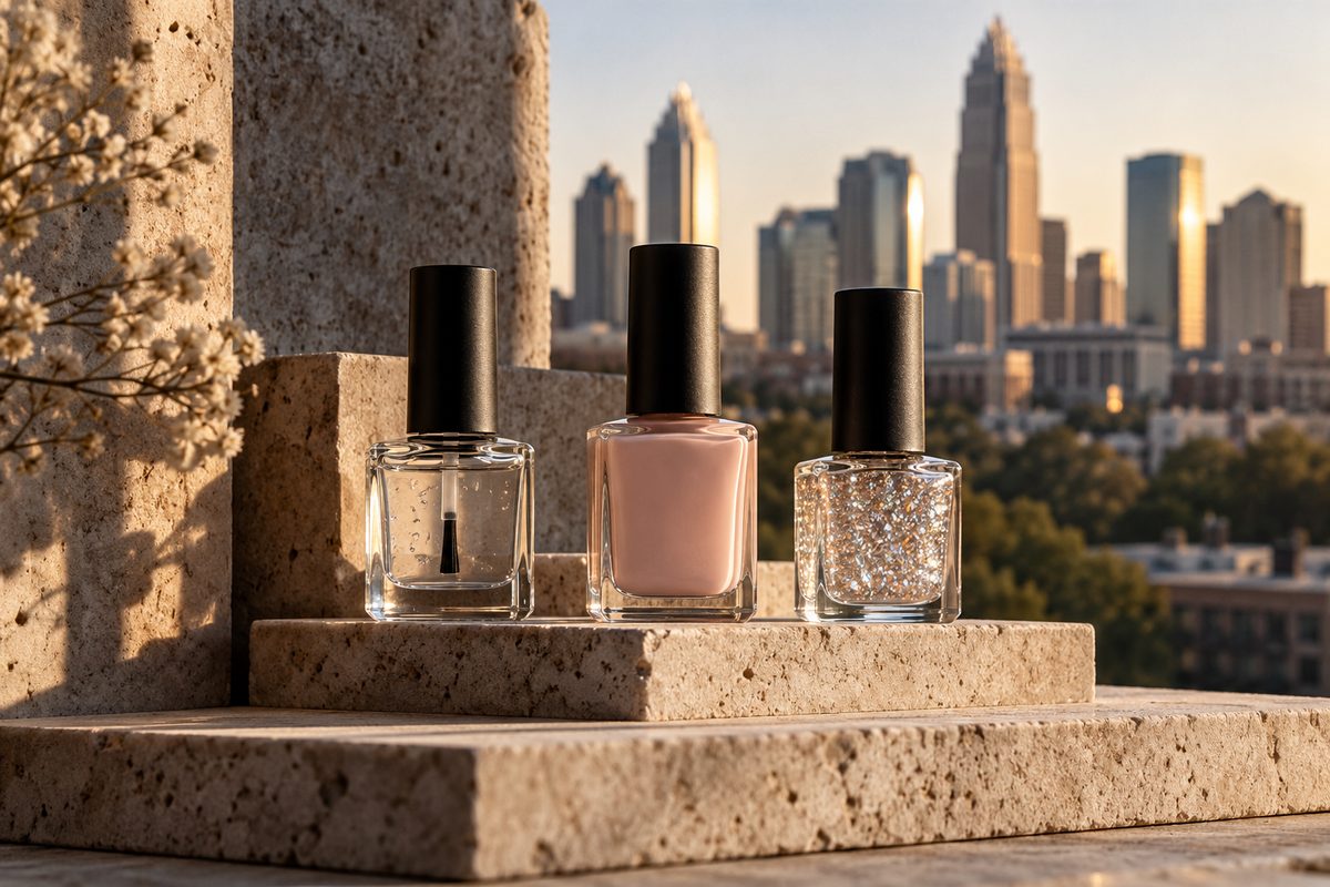 Trio of foundation gel polish system bottles aligned together on a studio pedestal