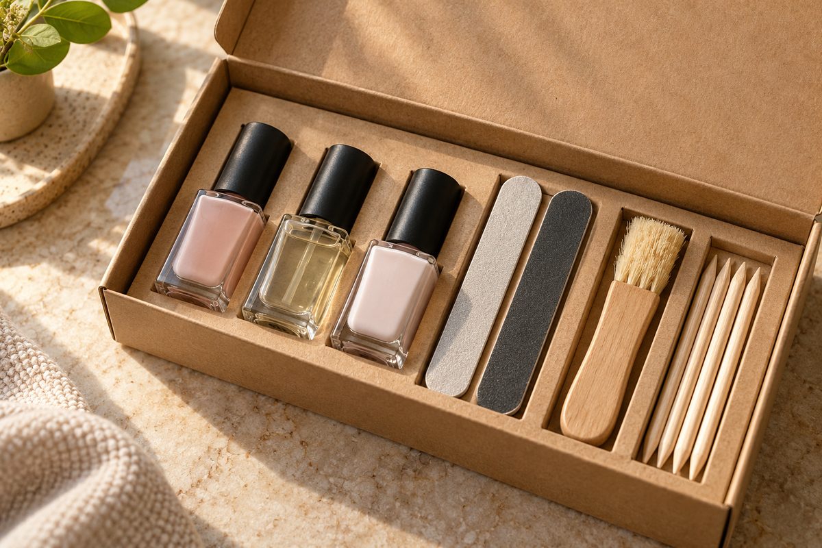 Complete manicure system kit packed with base coat, color lacquer, top coat, and tools