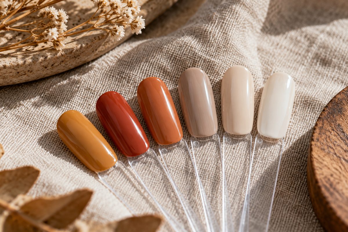 Series of painted nail swatches showcasing warm ochre and terracotta earth tones
