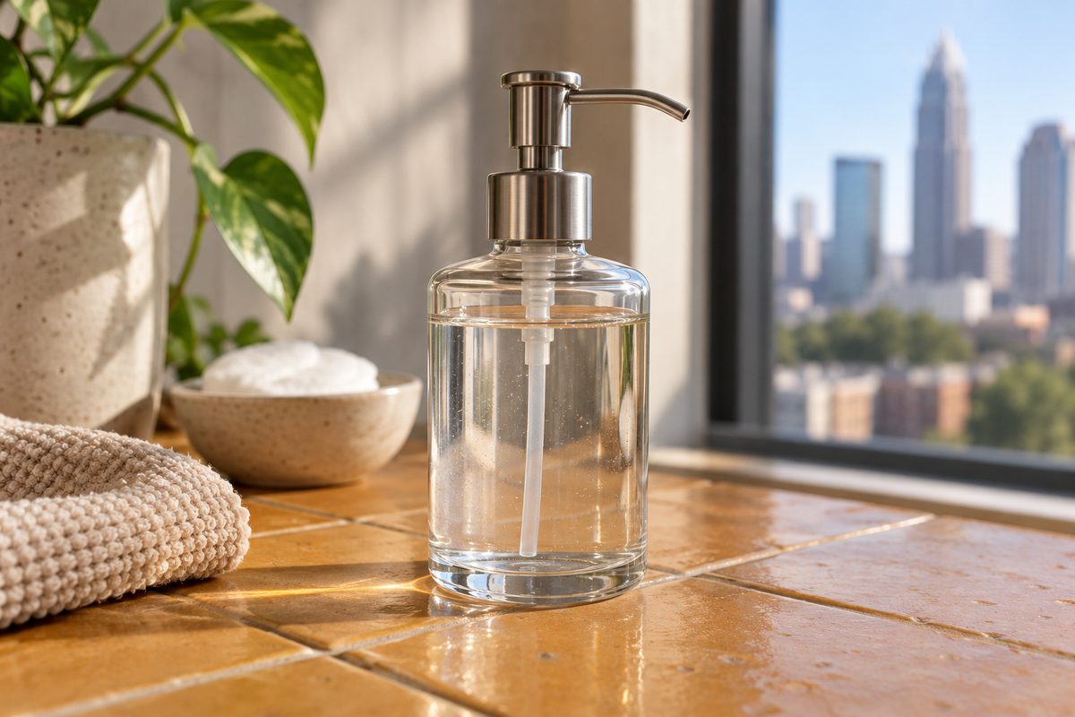 Glass pump bottle containing nail prep and plate cleansing solution