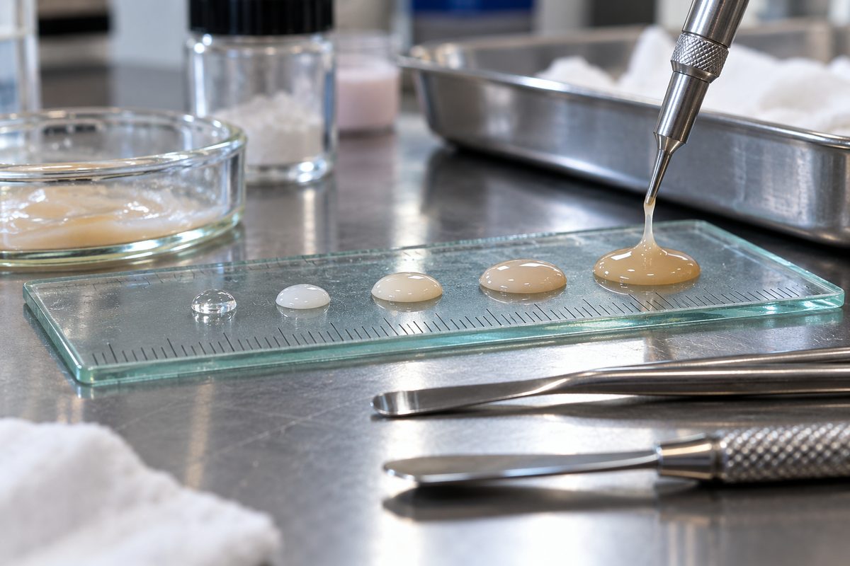 Cosmetic resin viscosity testing on an etched glass measuring scale in laboratory setting