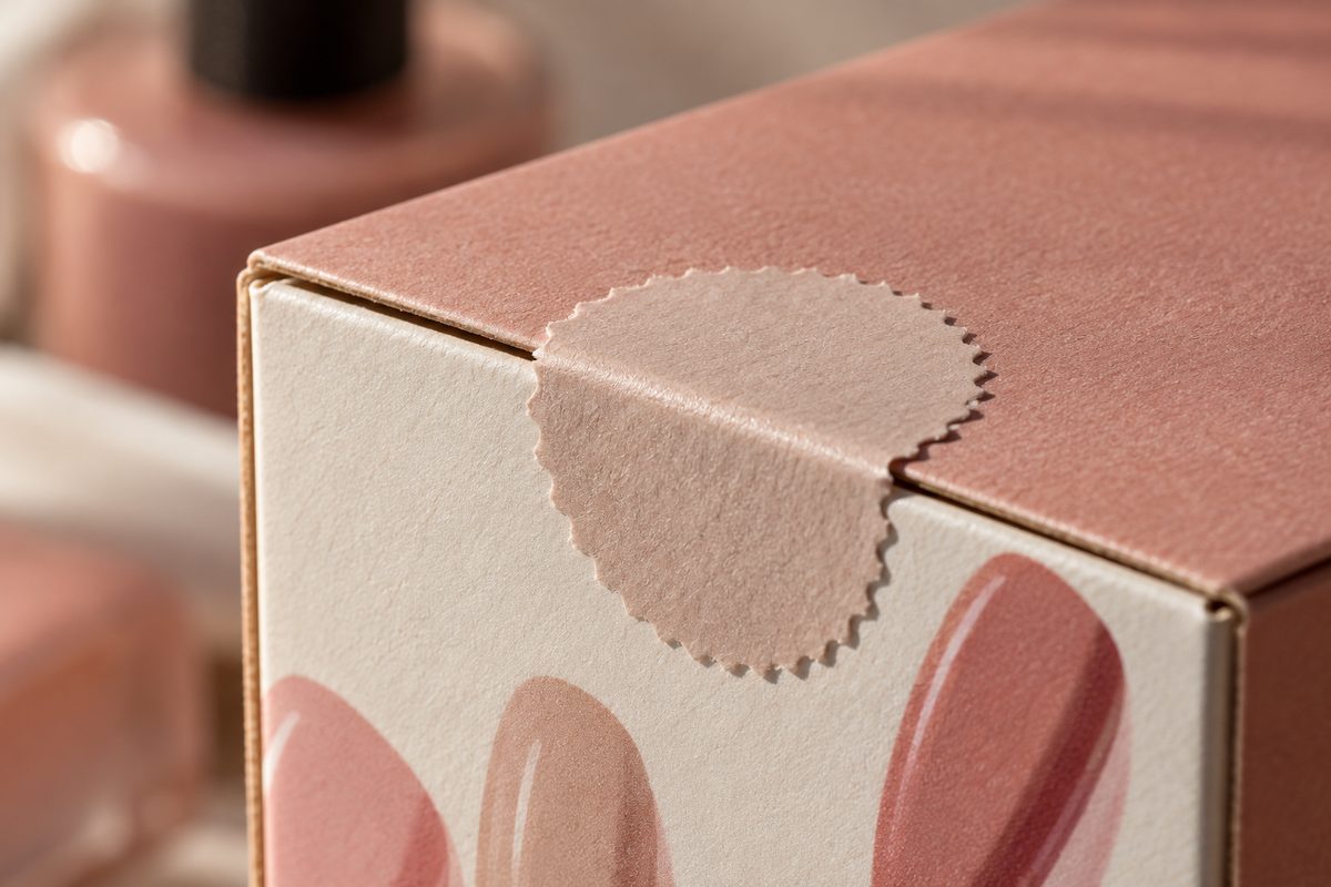 Tamper-evident security seal on a cosmetic product packaging box