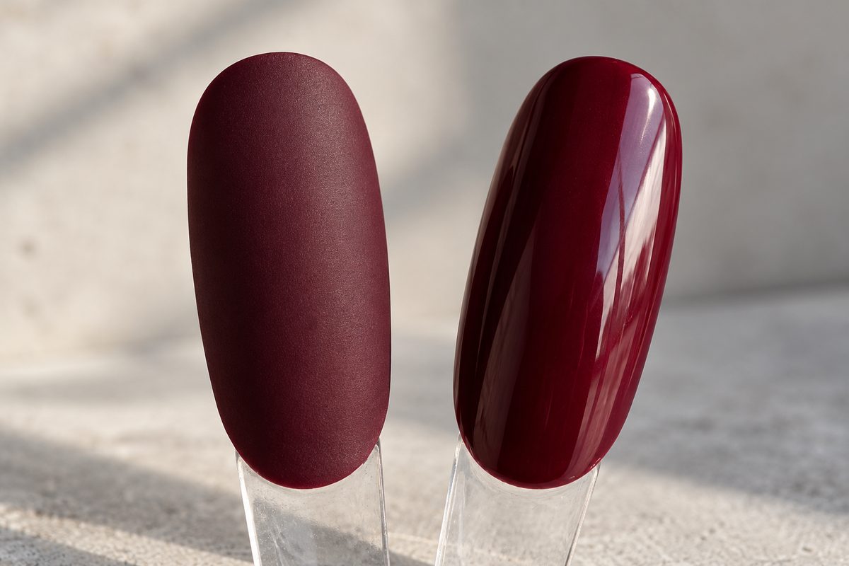 Side-by-side comparison of velvety matte finish and high-gloss top coat on swatches